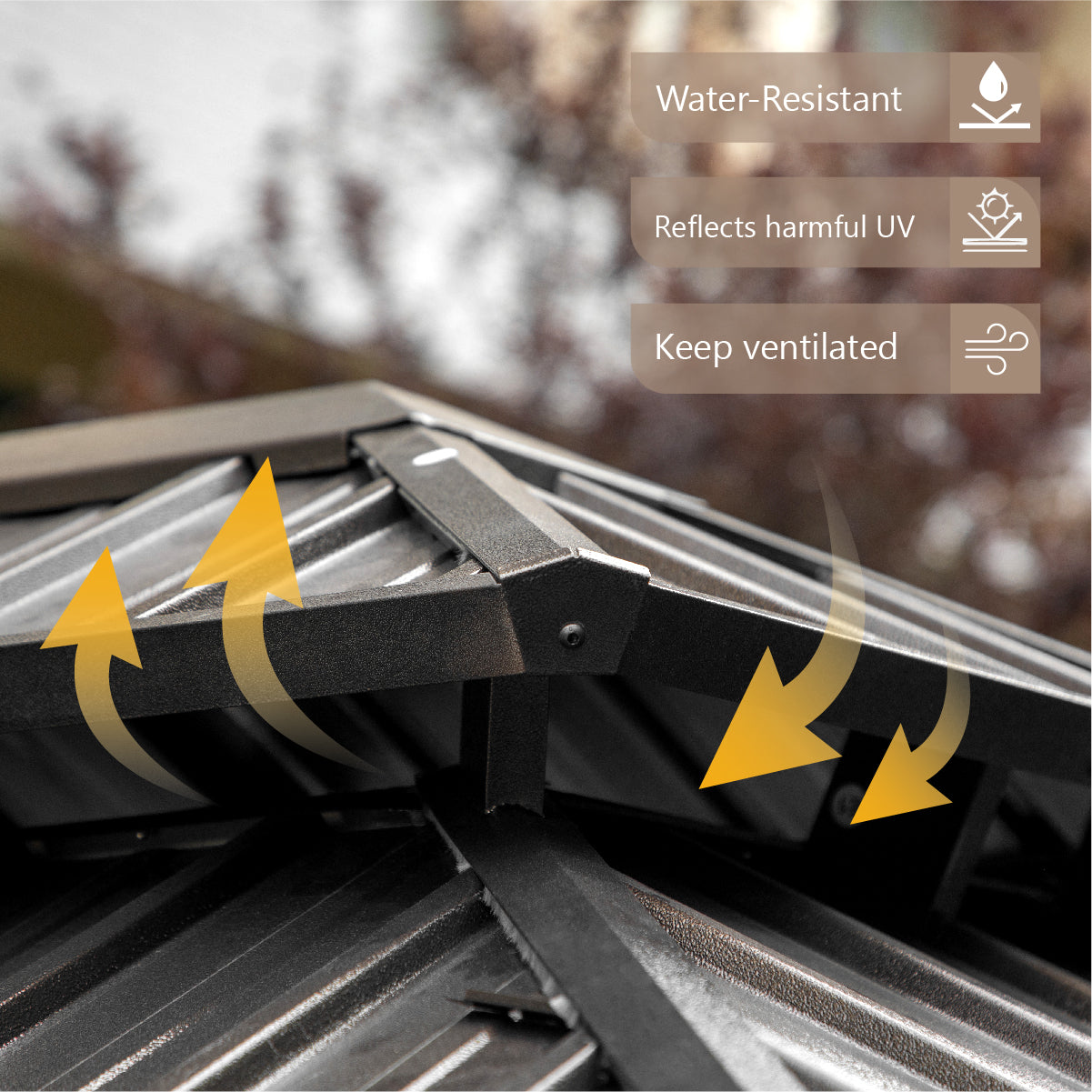 Gazebo exterior de techo rígido de 10' x 12' con techo doble, cortinas y red