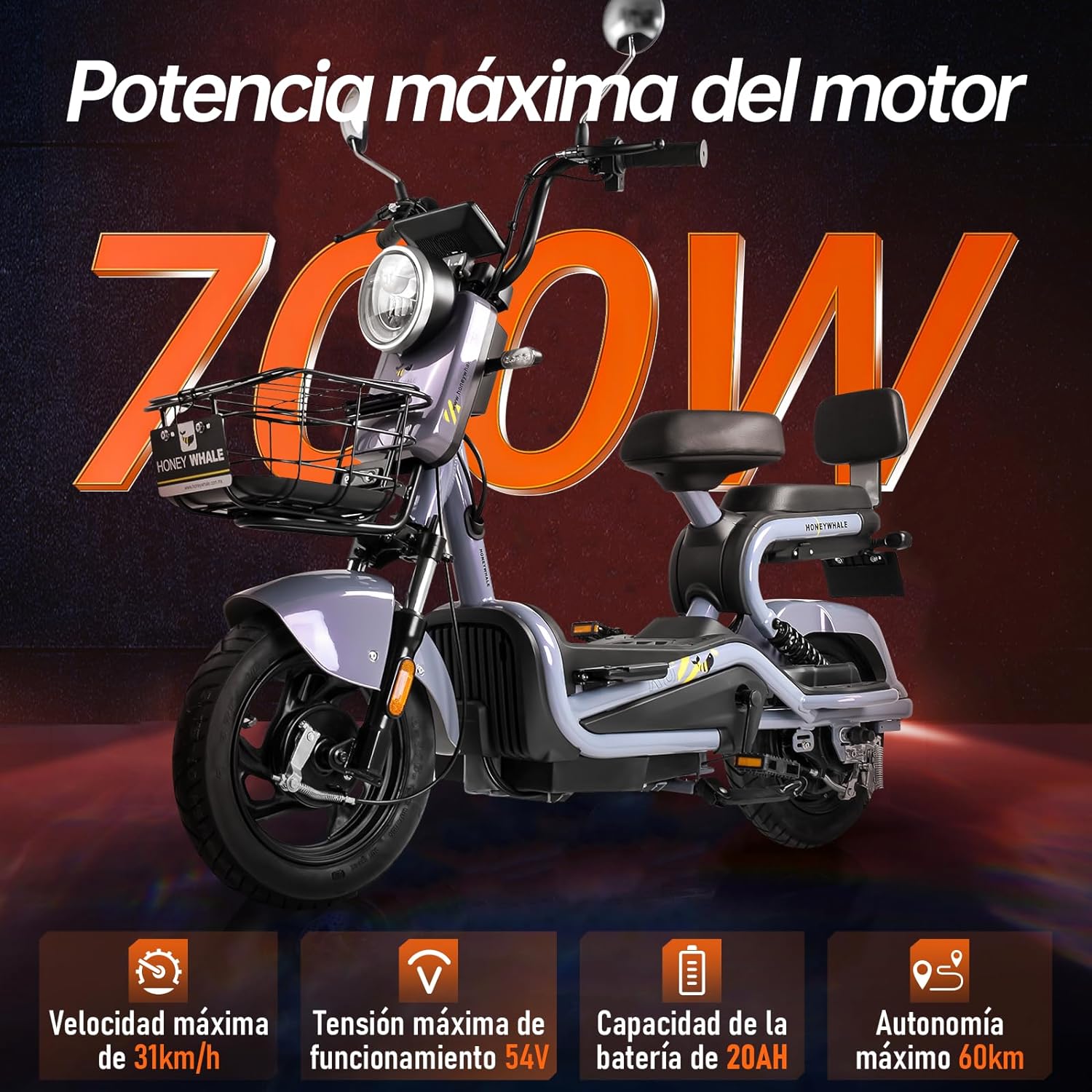 HONEYWHALE KC-Cool Bicicleta Electrica para Adultos, Bicimoto Eléctrica con Alarma, Máxima del Motor 700W, Velocidad Máxima 45KM/H, Autonomía 55-60KM, Baterías de Gran Capacidad 20AH—válvula de vehículo eléctrico