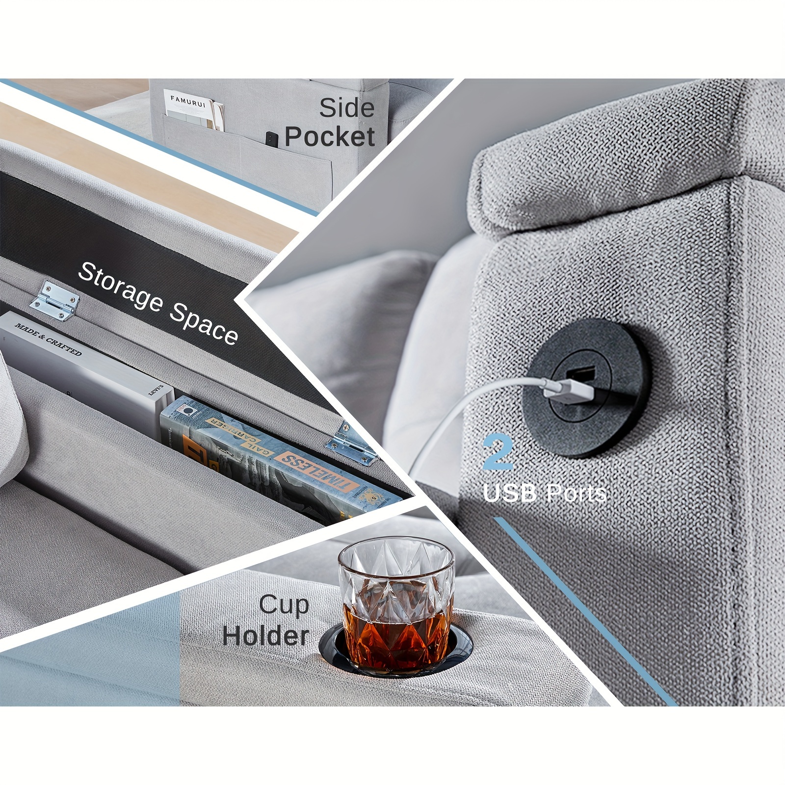 Sofá cama capitoné extra grande de 84" con almacenamiento - 2 puertos USB, portavasos, sillón reclinable en forma de L, estructura de madera maciza y estilo contemporáneo - Gris claro ----- Cojines