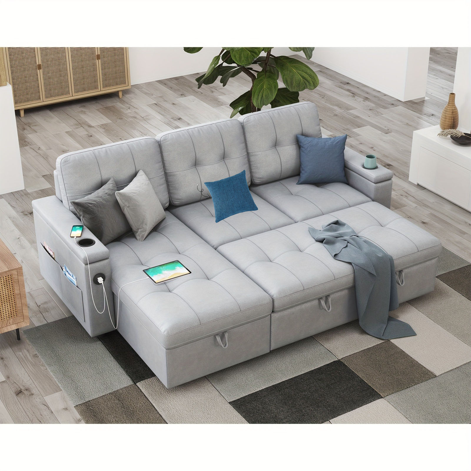Sofá cama capitoné extra grande de 84" con almacenamiento - 2 puertos USB, portavasos, sillón reclinable en forma de L, estructura de madera maciza y estilo contemporáneo - Gris claro ----- Cojines