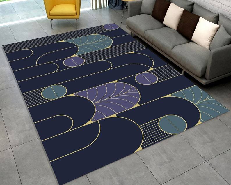 Geometric Rug – Navy Gold Muted Tones Modern Abstract Carpet