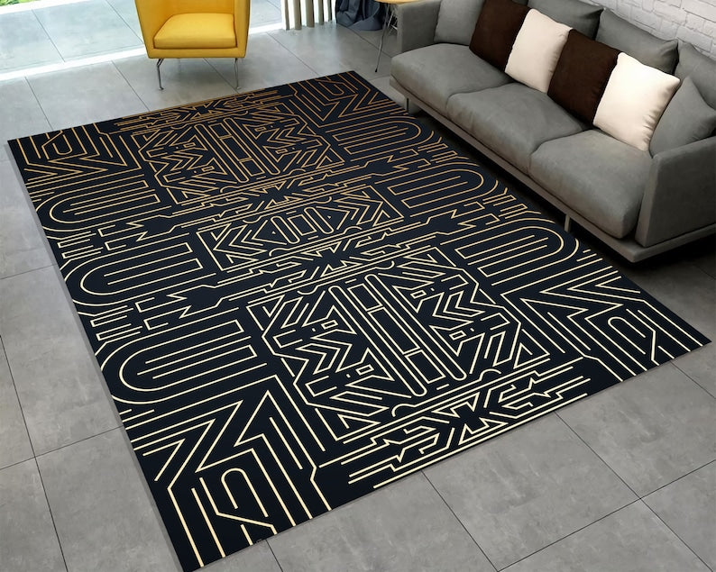 Art Deco Labyrinth Rug – Black Gold Geometric Linework Carpet