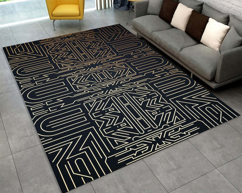 Art Deco Labyrinth Rug – Black Gold Geometric Linework Carpet