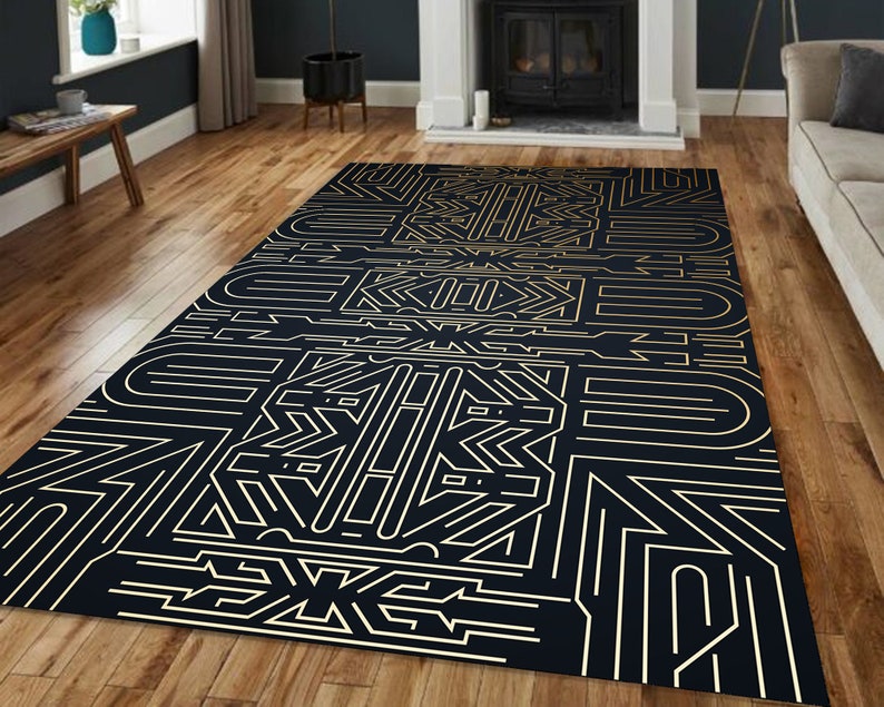 Art Deco Labyrinth Rug – Black Gold Geometric Linework Carpet
