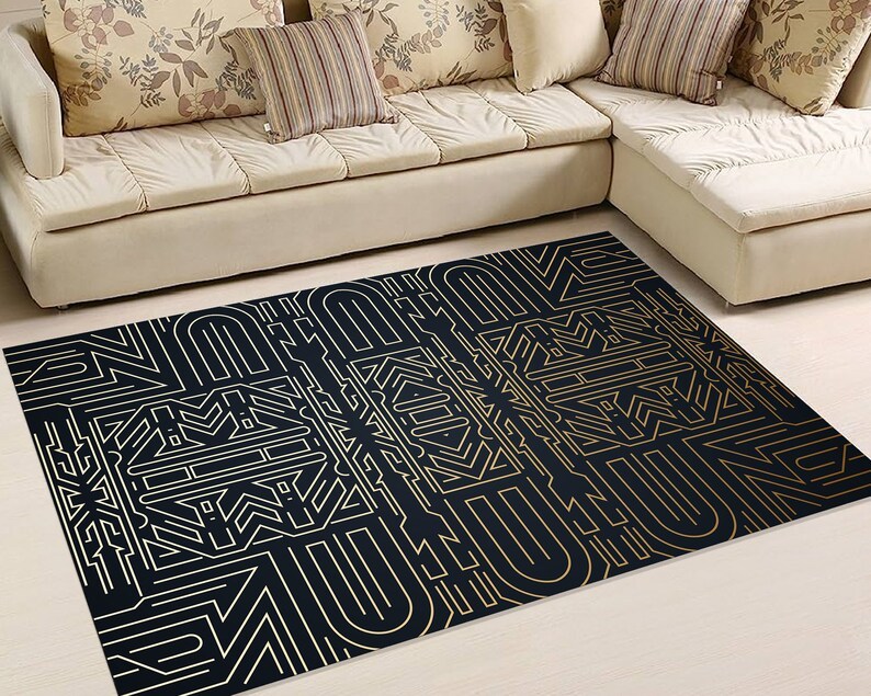 Art Deco Labyrinth Rug – Black Gold Geometric Linework Carpet