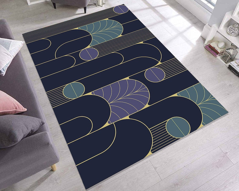 Geometric Rug – Navy Gold Muted Tones Modern Abstract Carpet