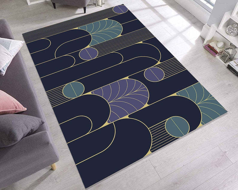 Geometric Rug – Navy Gold Muted Tones Modern Abstract Carpet
