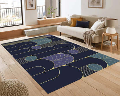 Geometric Rug – Navy Gold Muted Tones Modern Abstract Carpet