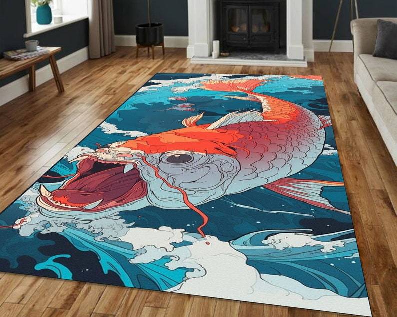 Ukiyo-e Wave Monster Koi Rug – Anime Style Carpet