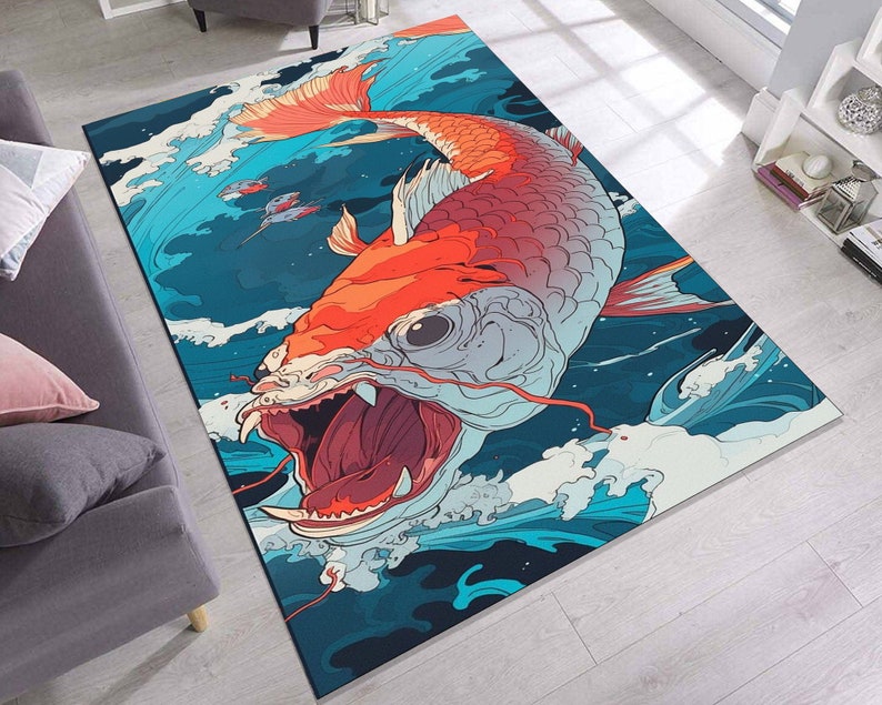 Ukiyo-e Wave Monster Koi Rug – Anime Style Carpet