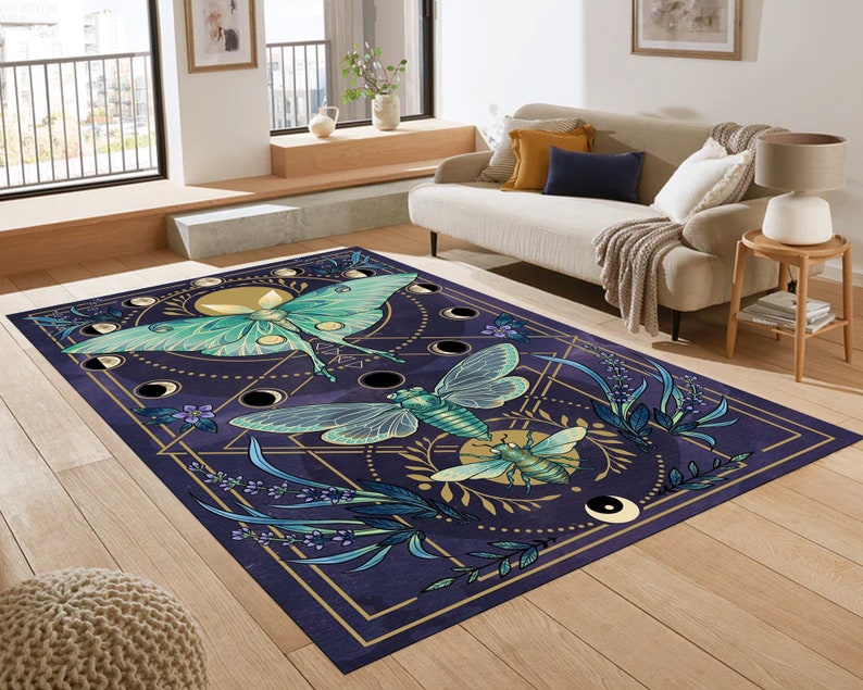 Luna Moth Moon Phases Rug – Mystic Botanical Lavender Celestial Carpet
