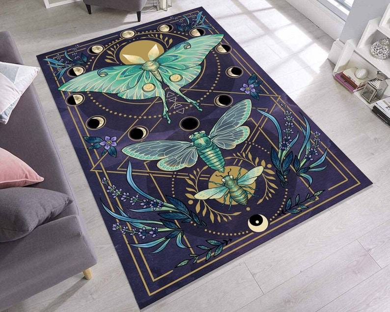 Luna Moth Moon Phases Rug – Mystic Botanical Lavender Celestial Carpet