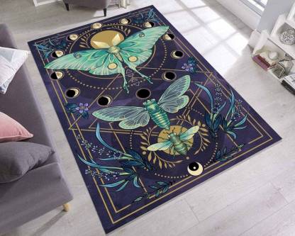 Luna Moth Moon Phases Rug – Mystic Botanical Lavender Celestial Carpet