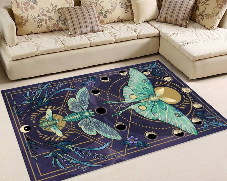 Luna Moth Moon Phases Rug – Mystic Botanical Lavender Celestial Carpet