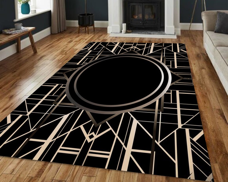 Luxury Art Deco Rug – Black Gold Geometric Carpet for Living Room & Bedroom