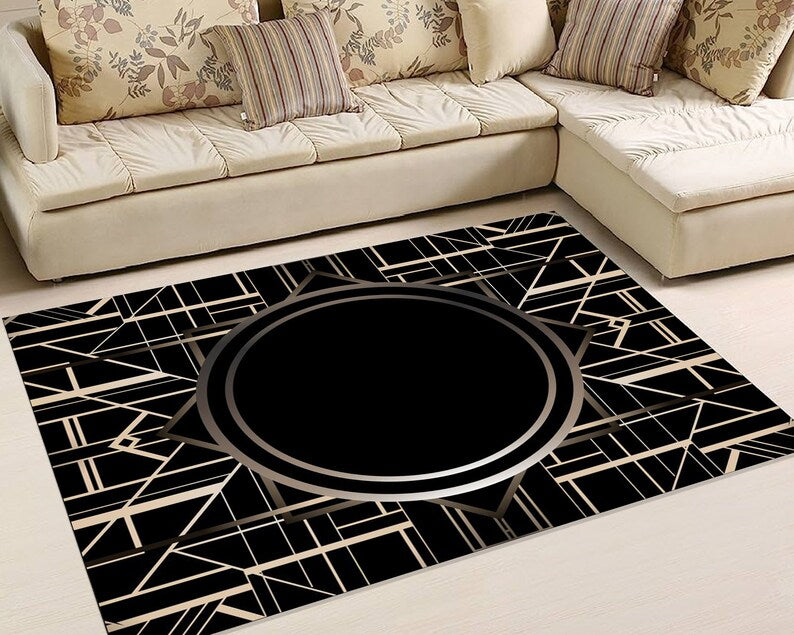 Luxury Art Deco Rug – Black Gold Geometric Carpet for Living Room & Bedroom