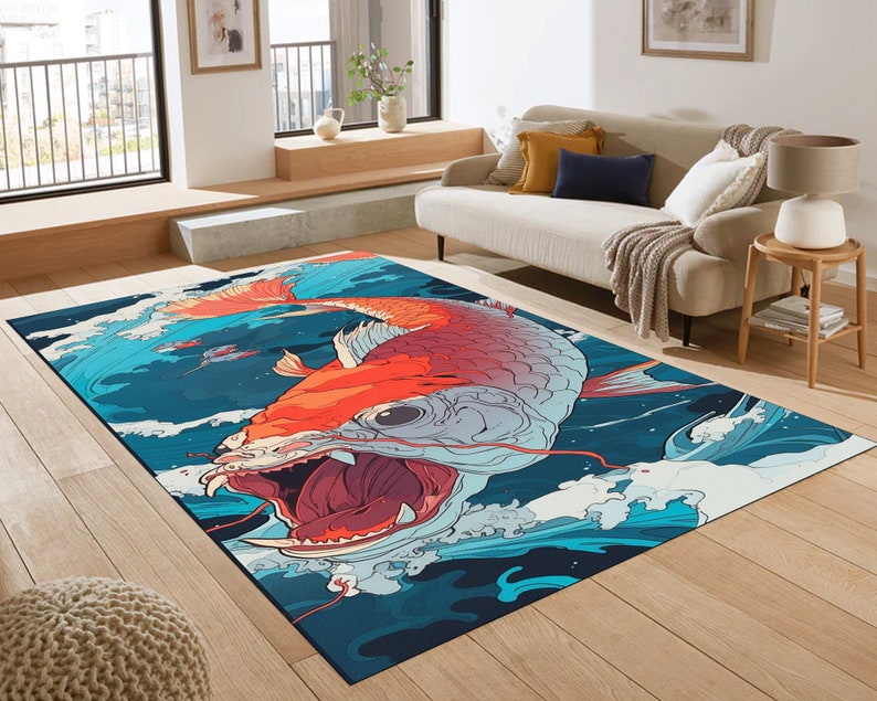 Ukiyo-e Wave Monster Koi Rug – Anime Style Carpet