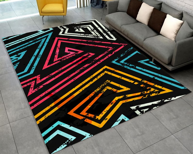 Black Geometric Rug – Colorful Abstract Carpet for Contemporary Interiors