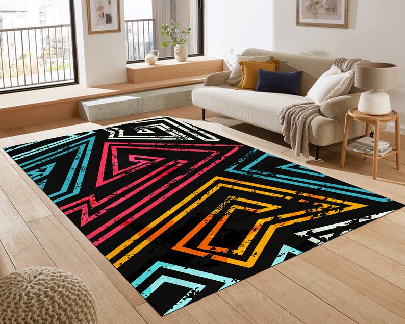 Black Geometric Rug – Colorful Abstract Carpet for Contemporary Interiors