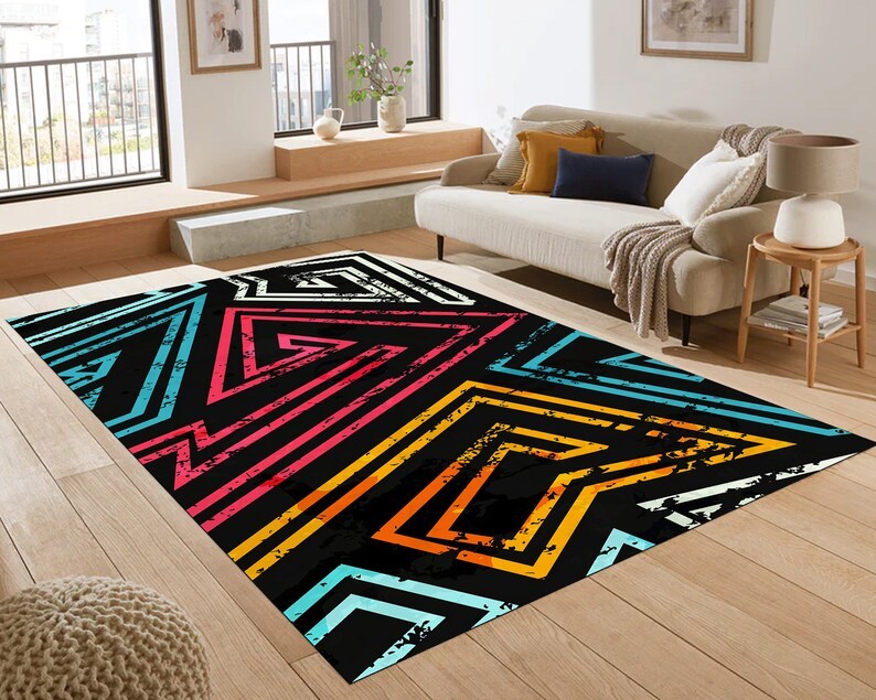 Black Geometric Rug – Colorful Abstract Carpet for Contemporary Interiors