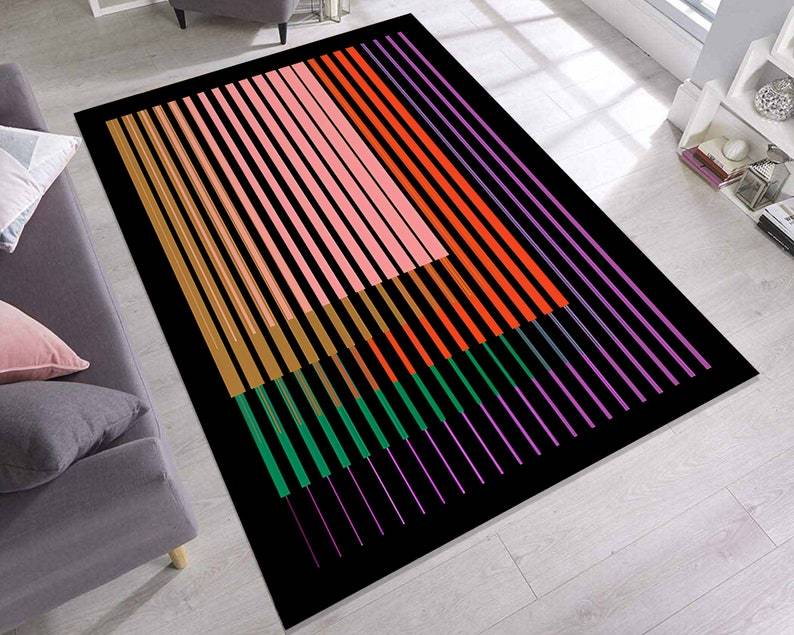 Abstract Striped Rainbow Rug – Black Base Minimalist Modern Floor Decor