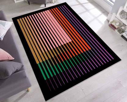 Abstract Striped Rainbow Rug – Black Base Minimalist Modern Floor Decor