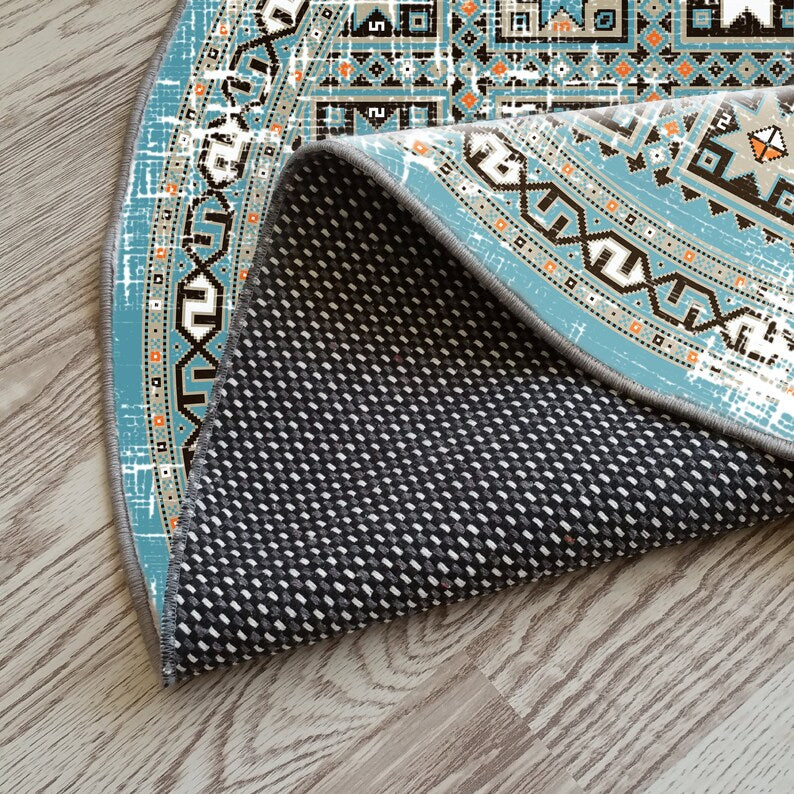 Aqua turquoise oriental round rug for a rustic, vintage bohemian vibe
