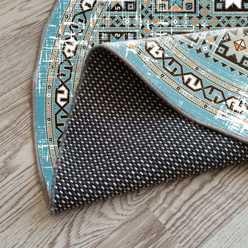 Aqua turquoise oriental round rug for a rustic, vintage bohemian vibe