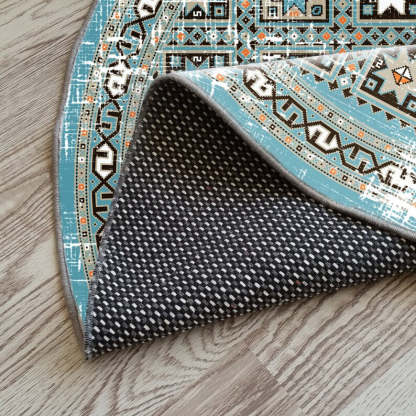 Aqua turquoise oriental round rug for a rustic, vintage bohemian vibe