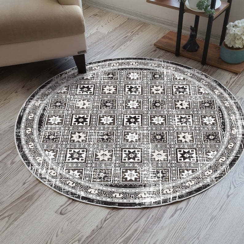 Aqua turquoise oriental round rug for a rustic, vintage bohemian vibe