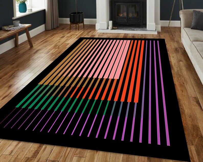 Abstract Striped Rainbow Rug – Black Base Minimalist Modern Floor Decor