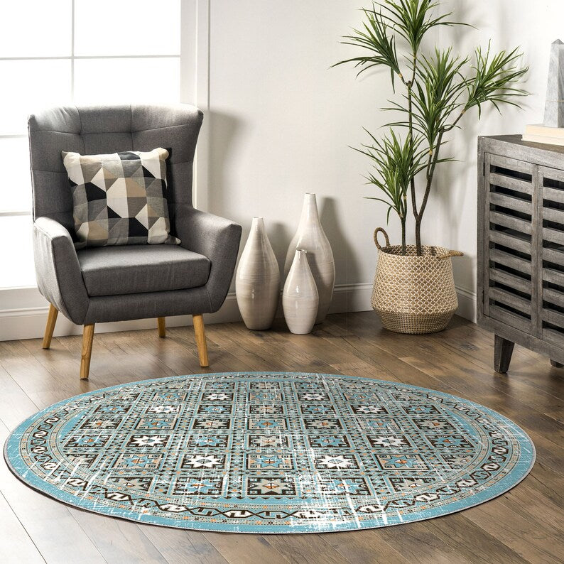 Aqua turquoise oriental round rug for a rustic, vintage bohemian vibe