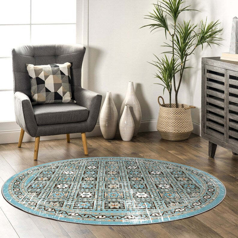 Aqua turquoise oriental round rug for a rustic, vintage bohemian vibe