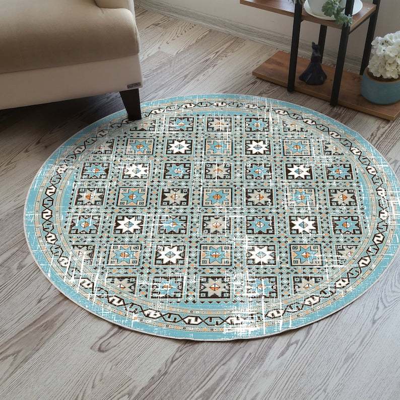 Aqua turquoise oriental round rug for a rustic, vintage bohemian vibe