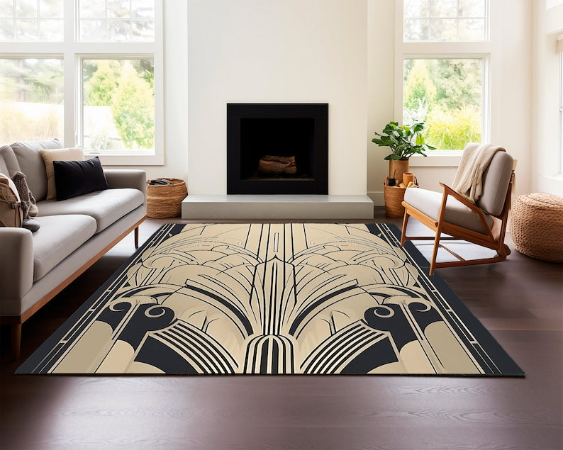 Art Deco Black Gold Rug – Geometric Carpet for Modern Living Room