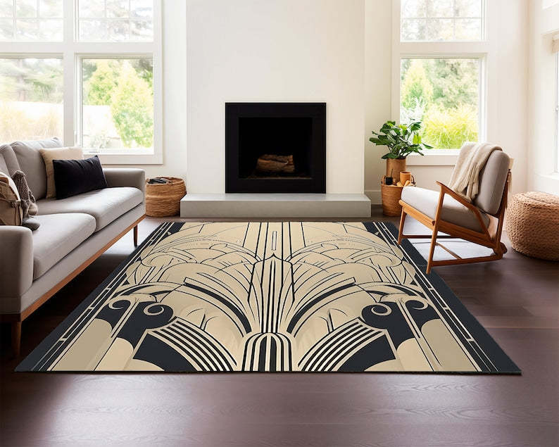 Art Deco Black Gold Rug – Geometric Carpet for Modern Living Room