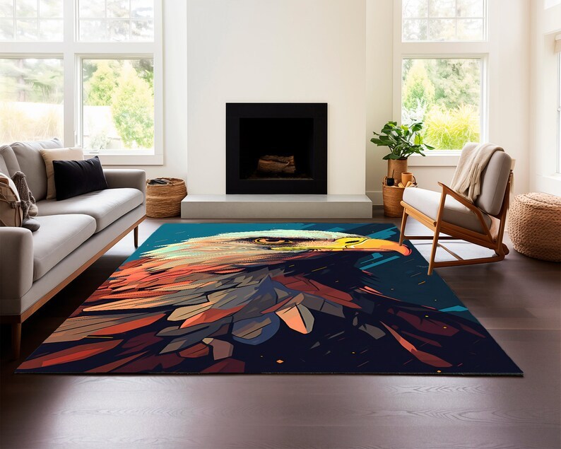 Bold Bald Eagle Rug – Teal Geometric Feather Carpet for Living Room or Den