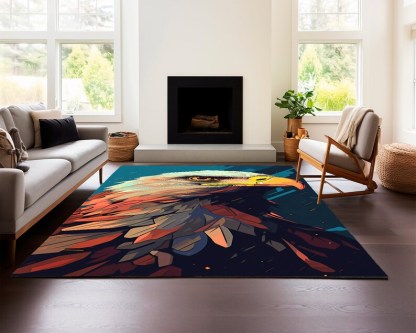 Bold Bald Eagle Rug – Teal Geometric Feather Carpet for Living Room or Den