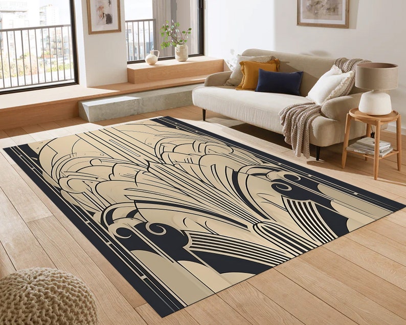 Art Deco Black Gold Rug – Geometric Carpet for Modern Living Room