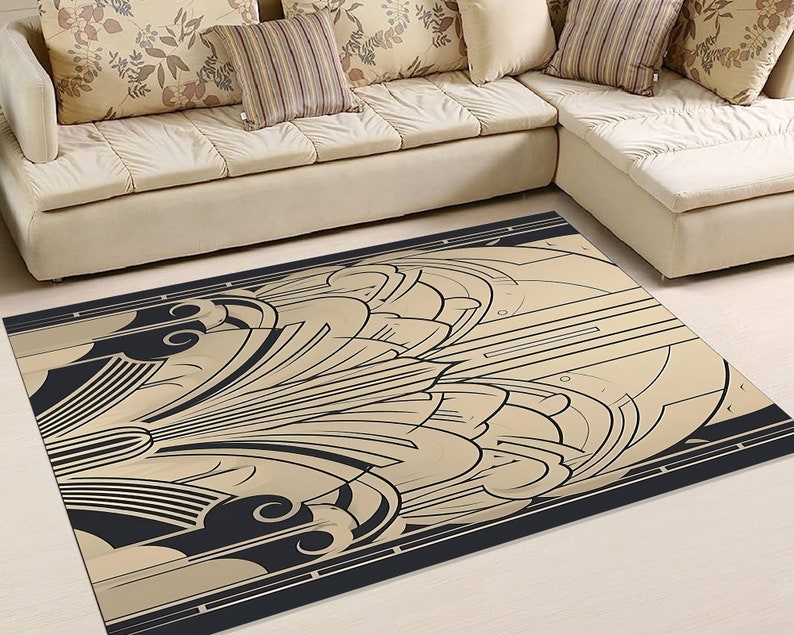 Art Deco Black Gold Rug – Geometric Carpet for Modern Living Room