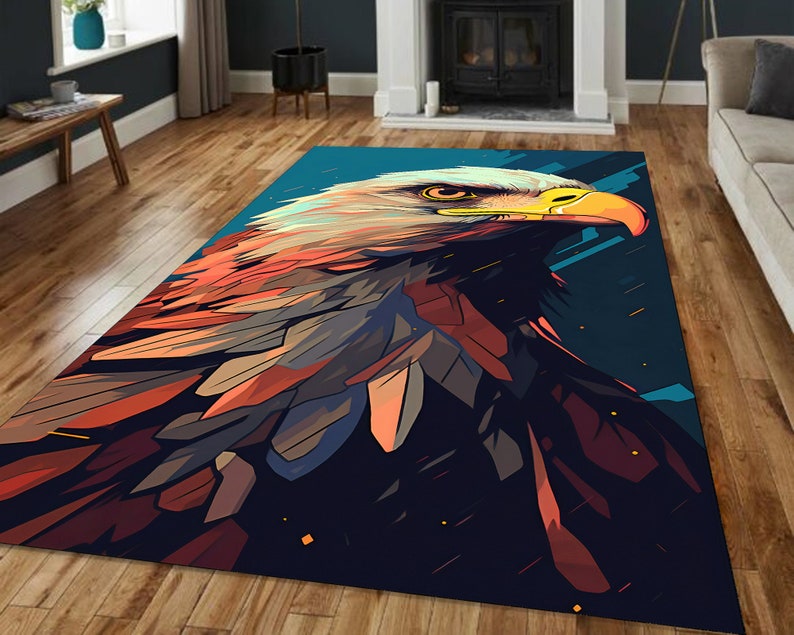Bold Bald Eagle Rug – Teal Geometric Feather Carpet for Living Room or Den