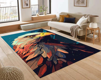 Bold Bald Eagle Rug – Teal Geometric Feather Carpet for Living Room or Den