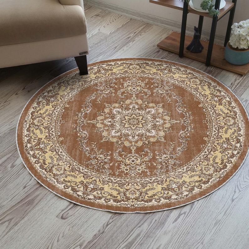 Light blue oriental floral round rug for a faded, vintage bohemian vibe