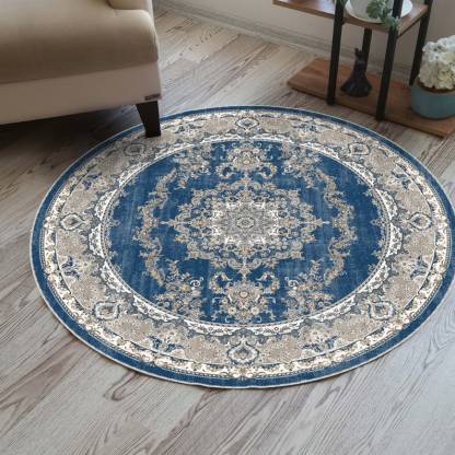Light blue oriental floral round rug for a faded, vintage bohemian vibe