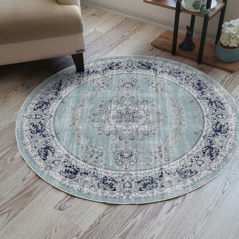 Light blue oriental floral round rug for a faded, vintage bohemian vibe
