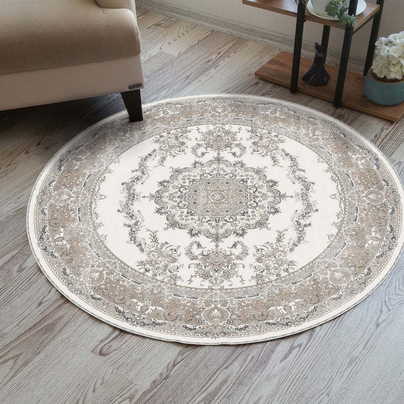 Light blue oriental floral round rug for a faded, vintage bohemian vibe