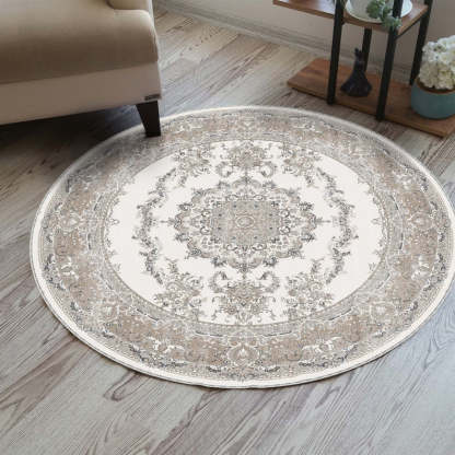 Light blue oriental floral round rug for a faded, vintage bohemian vibe