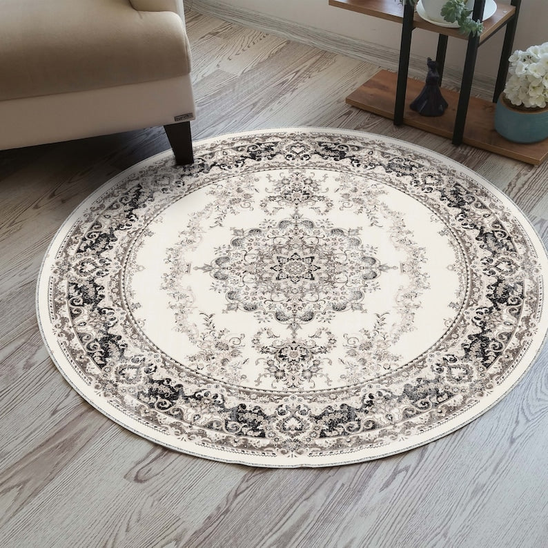 Light blue oriental floral round rug for a faded, vintage bohemian vibe