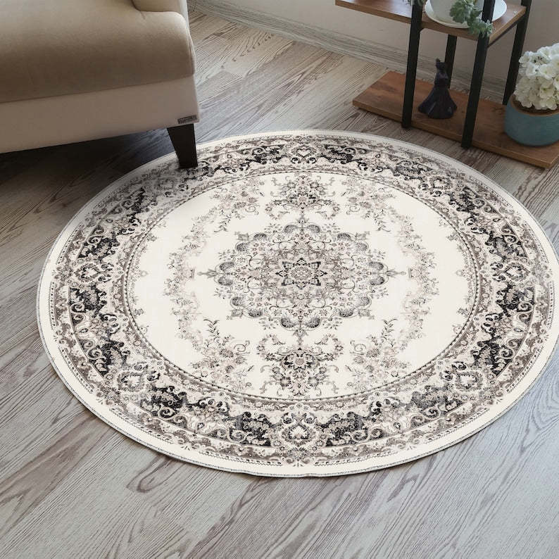 Light blue oriental floral round rug for a faded, vintage bohemian vibe