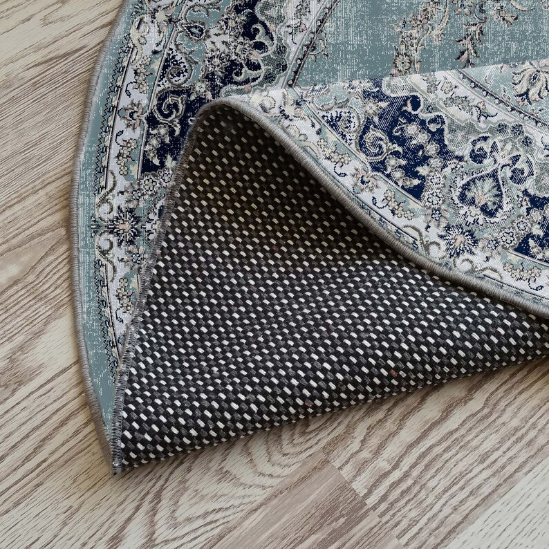 Light blue oriental floral round rug for a faded, vintage bohemian vibe